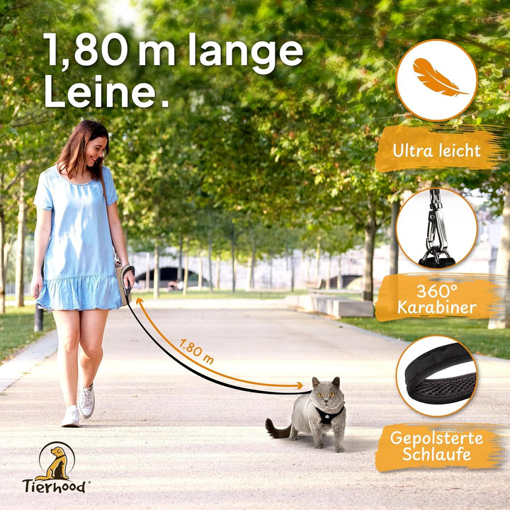 Tierhood - Set ham pentru pisici cu lesă pentru libertate controlată - Ham moale - Confortabil, reglabil și robust - Ham pentru pisici active (negru, mărimea M)