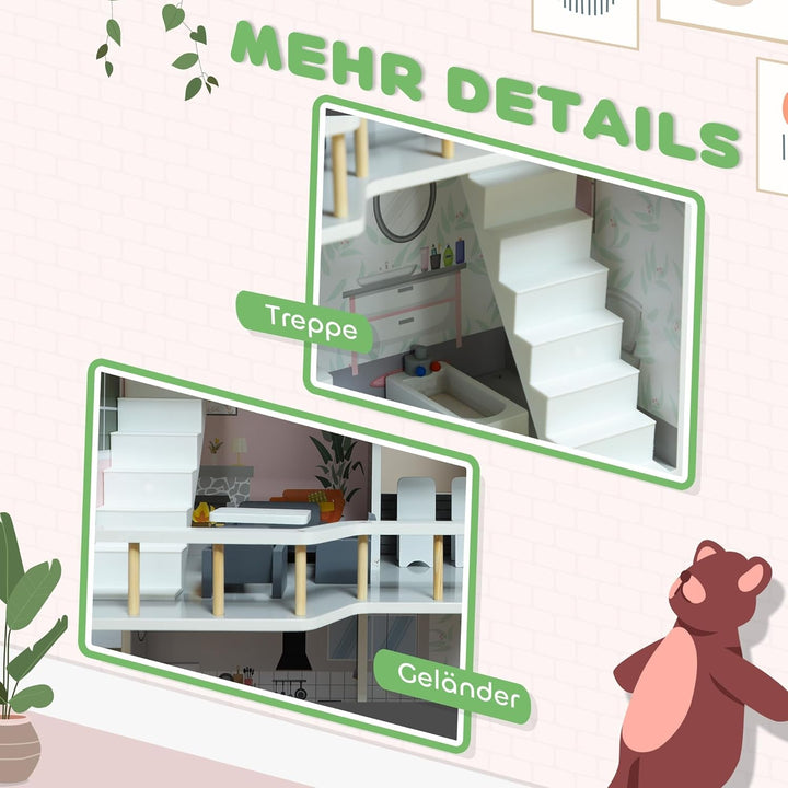AIYAPLAY Casă de păpuși din lemn, casă de joacă cu 3 etaje cu 13 piese de mobilier, accesorii, 85,3 cm înălțime Casă de păpuși pentru copii de 3-6 ani, gri