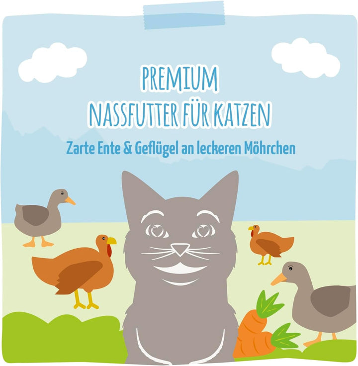 Mjamjam - Hrană umedă premium pentru pisici - Rață și pasăre fină cu morcovi delicioși, 1 pachet (1 X 400 G), fără cereale cu extra carne
