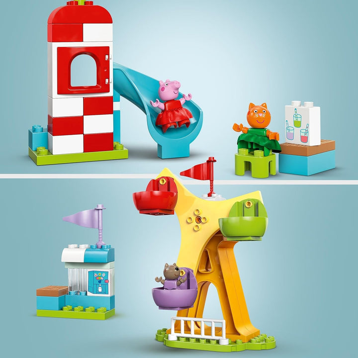 LEGO DUPLO Peppa Wutz Fairground - Jucării pentru copii și jucării pentru abilități motorii pentru vârsta de 2+ - Jocuri preșcolare cu roată mare, tobogan și 3 figuri, inclusiv Mollie Kitty și Klausi Kläff - Cadou pentru copii 10453