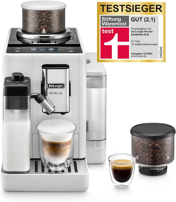 De'Longhi Rivelia EXAM440.55.W Aparat de cafea complet automat Cu sistem de lapte Lattecrema, container de boabe interschimbabil, 16 băuturi de cafea și lapte la apăsarea unui buton, funcție extra shot, ecran tactil de 3,5", alb