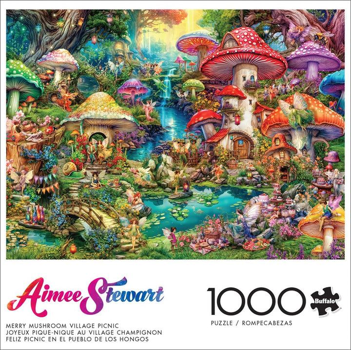 Buffalo Games - Aimee Stewart - Merry Mushroom Village Picnic - Puzzle de 1000 de piese pentru adulți, puzzle provocator, perfect pentru serile de jocuri - Ready Made Size 26.75 X 19.75 Cm