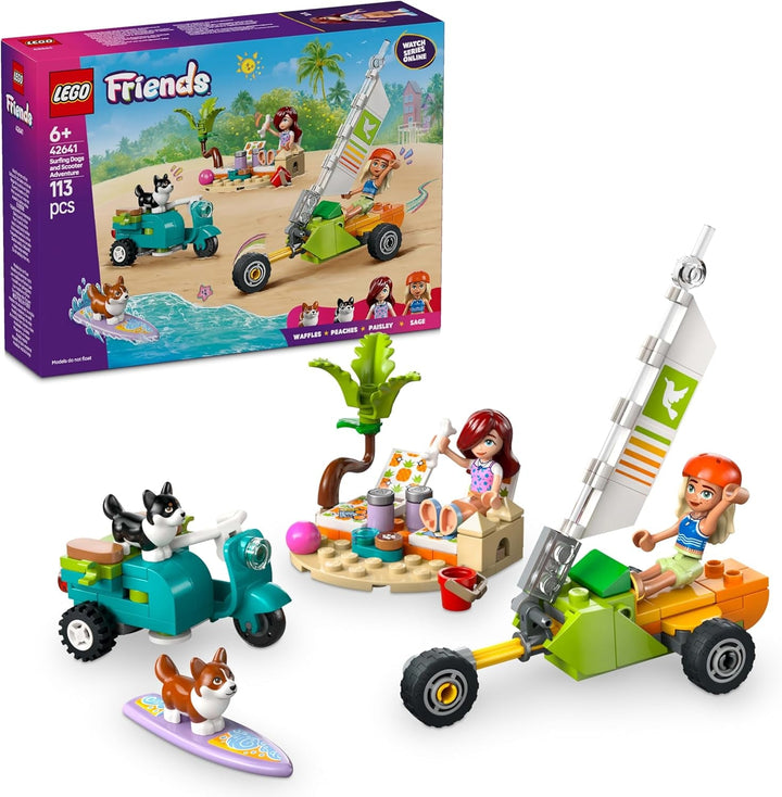 LEGO Friends Beach Adventure cu câini, jucărie de construcție pentru fete de la 6 ani, set de joacă pentru animale cu 2 minifigurine și 2 figuri Corgi, cadou pentru copii creativi, set de construcție de aventură cu placă de surf 42641