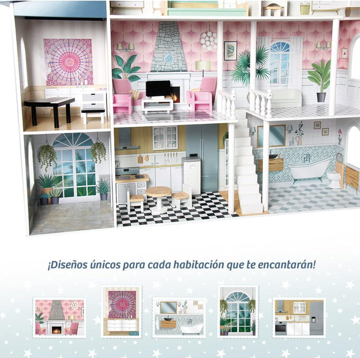 Casă de păpuși din lemn Deqube, 4 etaje, casă de păpuși cu decor diferit și îngrijit în fiecare cameră, cu 17 accesorii - Dimensiune 135 X 36 X 128 Cm (913D00016)