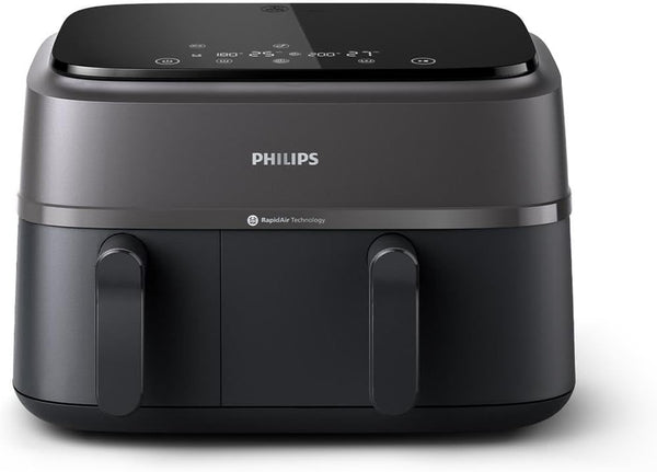 Philips Airfryer Dual Basket 3000 Series, 9L, 2 Körbe, 2 Gerichte Gleichzeitig Fertig, Rapidair plus Heißlufttechnologie, 90% Weniger Fett, Energieeffizient, Homeid Rezepte-App (NA350/00)