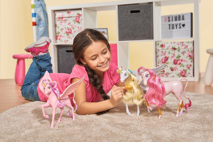 Simba 109480092 - Mia and Me Unicorn Kyara, cu aripi mobile, agrafe de păr și perie pentru coafat, 20 cm, de la 3 ani, roz
