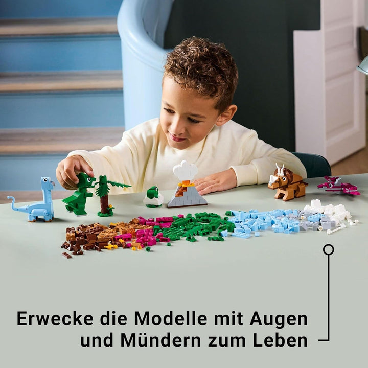 LEGO Classic Creative Dinosaurs, set de construcție cu modele și figuri de animale realizate din cărămizi, experiență de joacă imaginativă, cadou pentru băieți și fete de la 5 ani, inclusiv T.Rex și Triceratops 11041