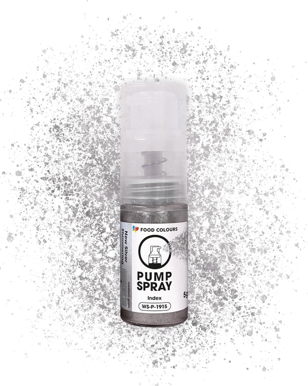 Spray alimentar cu sclipici comestibil NOUĂ pompă SILVER SHIMMERING 5G cu pudră metalică pentru decorarea rapidă și eficientă a prăjiturilor, cremelor, jeleurilor, pralinelor, decorațiunilor din ciocolată și zahăr