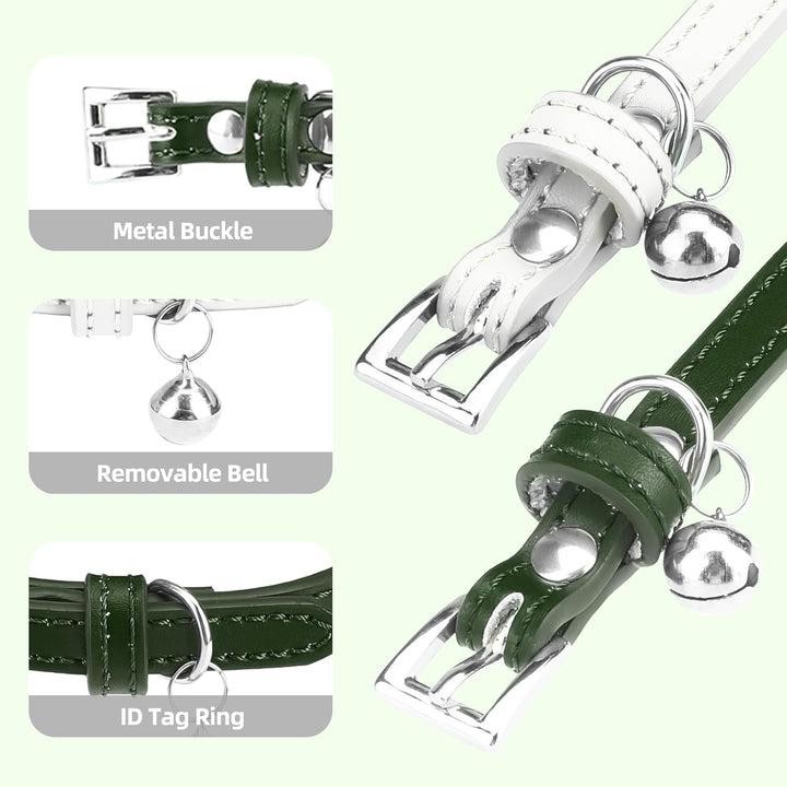 PUPTECK Zgardă pentru pisici din piele moale cu clopoțel pentru pisoi, 2 buc., portocaliu, violet, negru, kaki, albastru, roz-roșu, 22,1-26 cm (alb și verde închis, 22,1-26 cm)