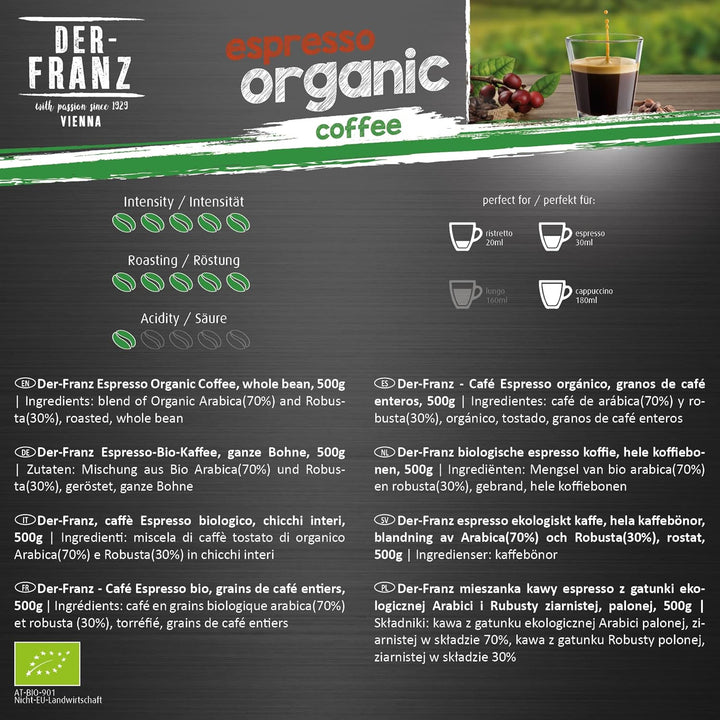 Der-Franz Espresso Bio Kaffee, Intensität 5/5, Bio Arabica Umd Robusta, Ganze Bohne, 3 X 500 G