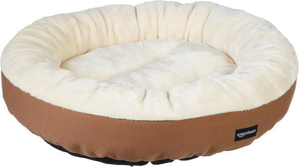 Pat rotund tapițat Amazon Basics pentru câini sau pisici, cu blat din flanel, 50 x 50,8 x 15,2 cm, maro și fildeș