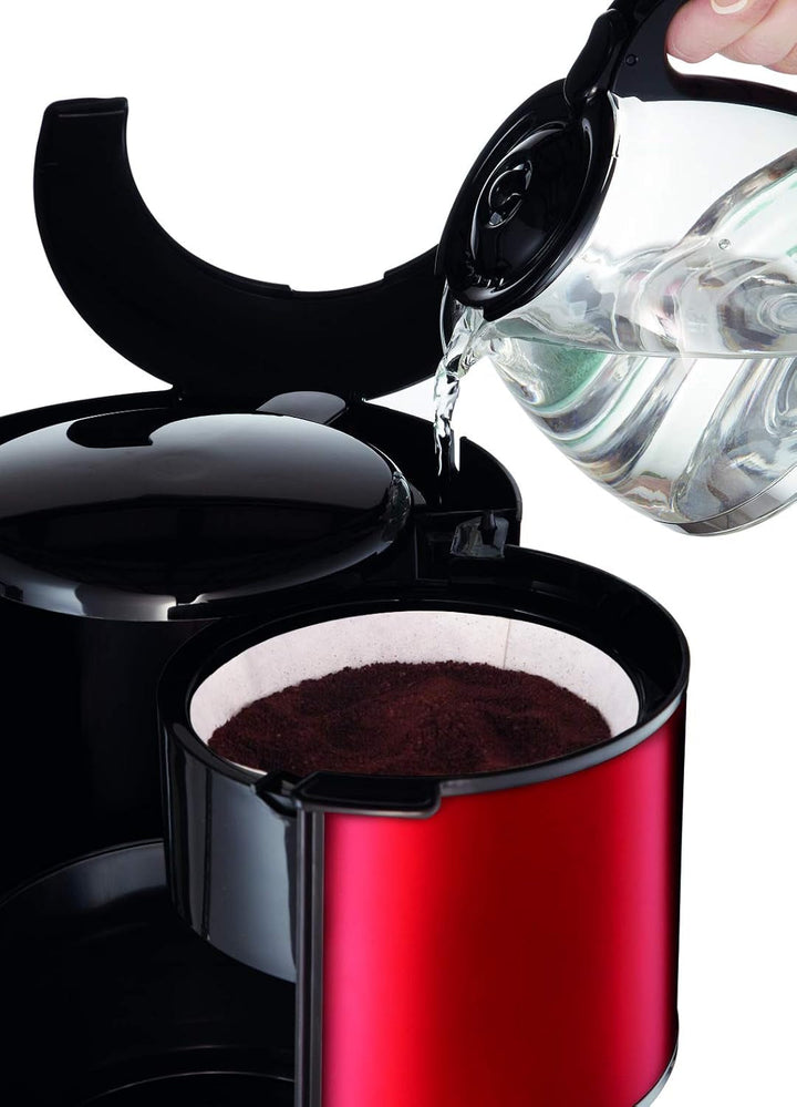 Cafetieră cu filtru Moulinex Subito, ulcior din sticlă, 10-15 cești, capacitate 1,25 litri, funcție de oprire automată, filtru detașabil, indicator nivel apă, oțel inoxidabil, roșu/negru, FG360D