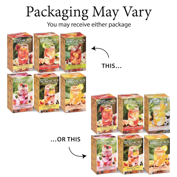 Bigelow Botanicals Cold Water Infusion Herbal Variety Pack, Caffeine Free Tea with Cranberry, Watermelon, Blackberry, Strawberry, Peach & Blueberry Flavor, 18 Count Box (Pack of 6), 108 Total Tea Bags Tea USA Naty Shop