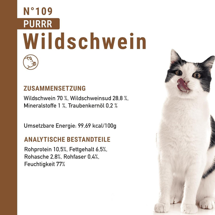 Catz Finefood Purrrrr Wild Boar Monoprotein Cat Food Wet N° 109, Pentru pisici sensibile din punct de vedere nutrițional, 70% carne, cutie 6 X 400G