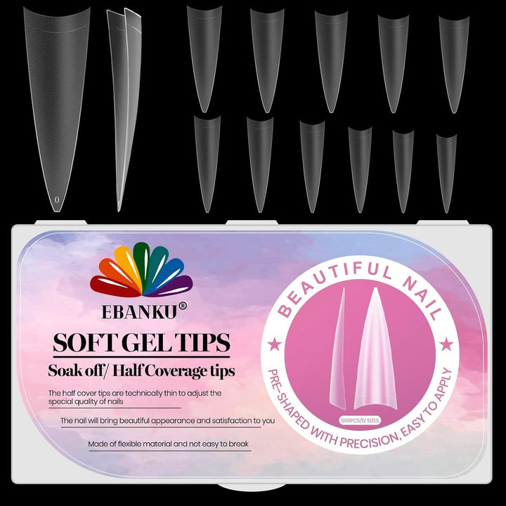 EBANKU 500 bucăți vârfuri unghii false artificiale, vârfuri mate cu gel moale, transparente, vârfuri unghii artificiale pentru extensii de unghii, set unghii false, 12 mărimi-A