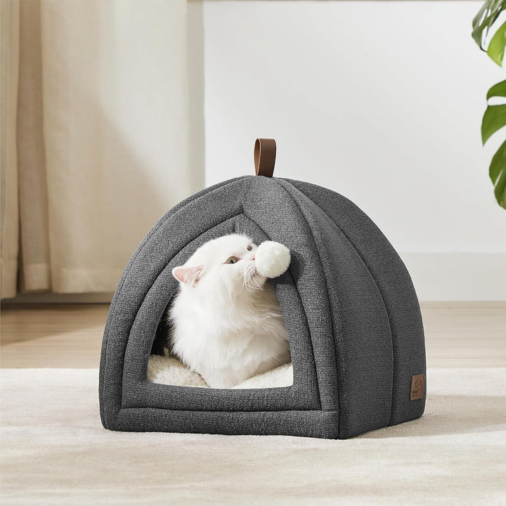 Pat pentru pisici BEDSURE, peșteră mare pentru pisici - căsuță pentru pisici de interior 40 x 40 x 40 cm, cu pernă detașabilă din sherpa și jucărie agățată, pat lavabil pentru pisici, gri închis