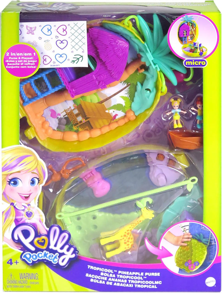 Polly Pocket GKJ64 - Cutie de buzunar cu ananas, portabilă, cu 8 funcții distractive, păpușile Polly și Purple, 2 accesorii și foaie de autocolante; jucărie pentru copii de 4 ani și peste