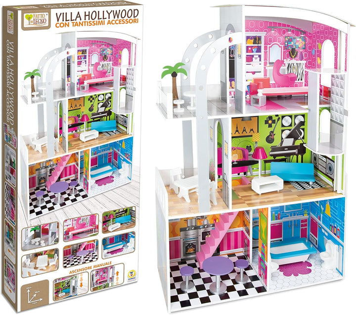 Teorema 40642 - Casa de papusi Tema Hollywood, 4 camere, Cu accesorii din lemn, Ridicare manuala, Inaltime 110 Cm