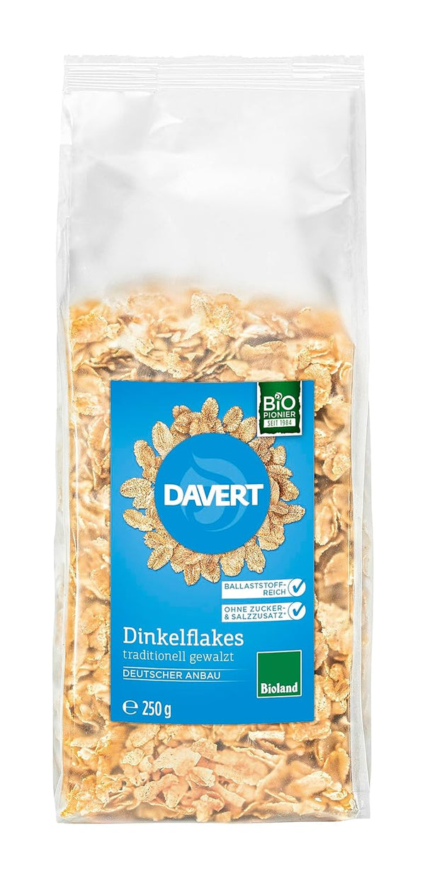 Davert Dinkelflakes Bioland 250G – Ohne Zucker- Und Salzzusatz, Mild Aromatisch Und Herrlich Knusprig – 100% Davert Bio-Qualität (1 X 250G)