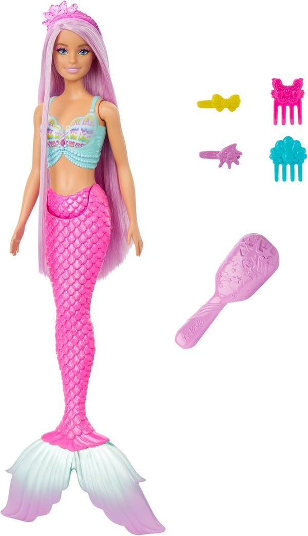 Păpușa Barbie Mermaid - cu păr lung roz și accesorii pentru styling personalizat, inclusiv perie, cochilie frumoasă și aripioare roz, pentru copii de la 3 ani, HRR00