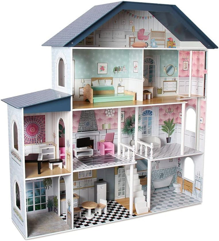 Casă de păpuși din lemn Deqube, 4 etaje, casă de păpuși cu decor diferit și îngrijit în fiecare cameră, cu 17 accesorii - Dimensiune 135 X 36 X 128 Cm (913D00016)