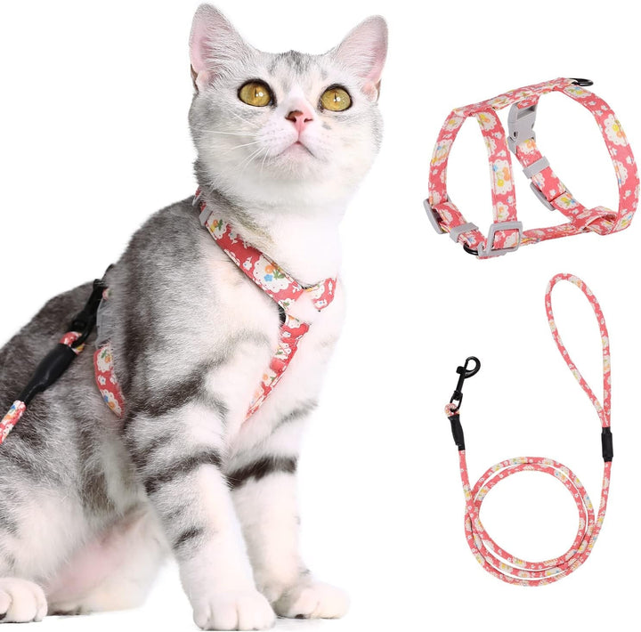 PETTOM Ham pentru pisici cu model floral și lesă Lesă pentru pisici cu ham pentru pisici cu șnur rotund, curea de piept reglabilă anti-evadare, potrivită pentru pisici mici și mijlocii