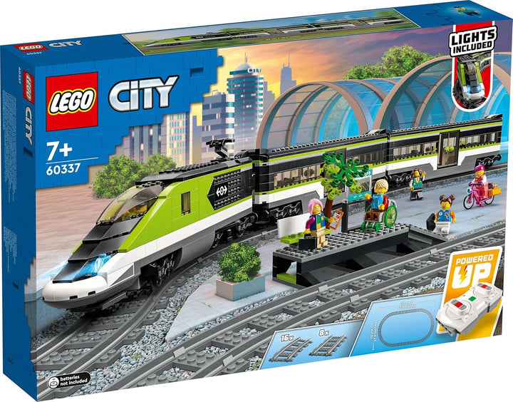 LEGO City Passenger Express Train, set cu tren controlat de la distanță, jucărie feroviară cu faruri, 2 vagoane și 24 de elemente de cale, cadou pentru copii, băieți și fete 60337