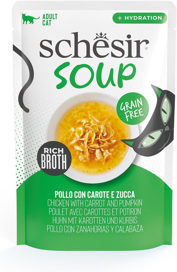 , Supă cu fileuri de pui cu morcovi și dovleac, hrană umedă complementară pentru pisici, rețeta originală, 100% naturală, 12 pungi a câte 40 g