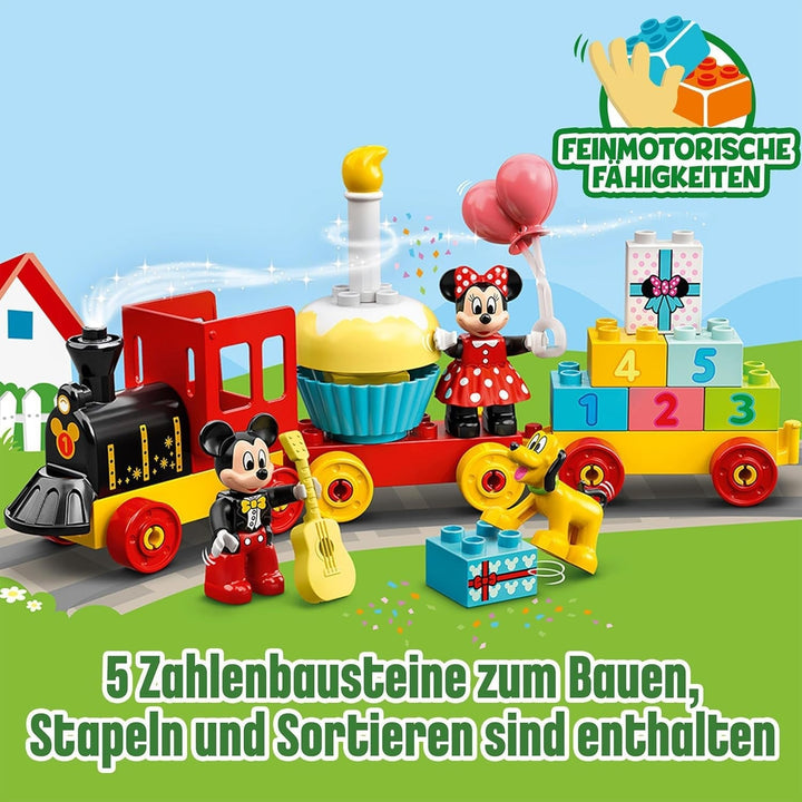 Trenul aniversar LEGO 10941 DUPLO Disney Mickey și Minnie, tren de jucărie cu tort și baloane, cadou pentru copii de 2 ani și peste