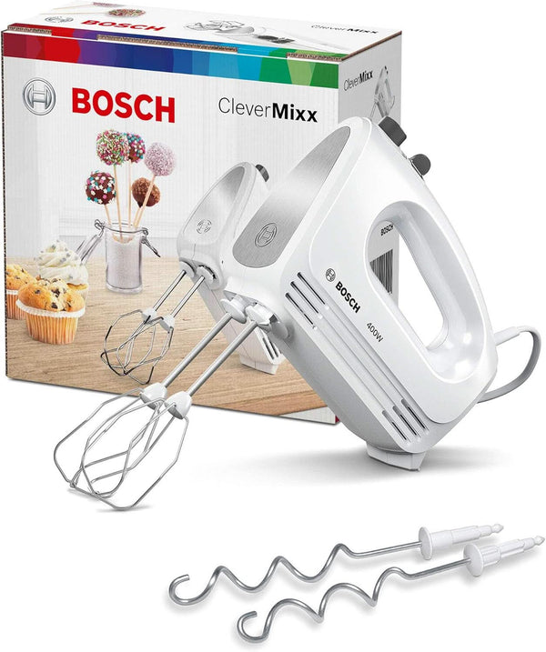 Bosch Hausgeräte Handrührer Clevermixx MFQ24200, 2 Rührbesen, 2 Spülmaschinengeeignet, 4 Stufen, Leicht, Leise, 400 W Weiß/Edelstahl