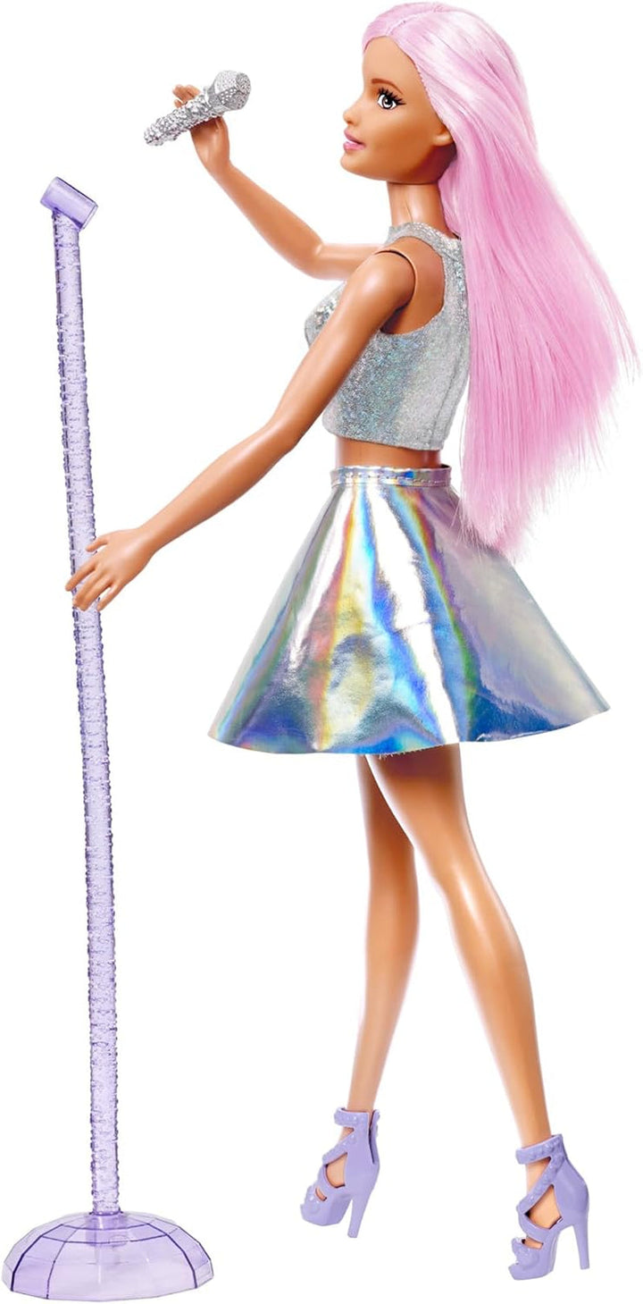 Păpușa Barbie Pop Star îmbrăcată într-o fustă strălucitoare, cu microfon și păr roz, cadou pentru copii de la 3 la 7 ani, JCW42, Dazzling