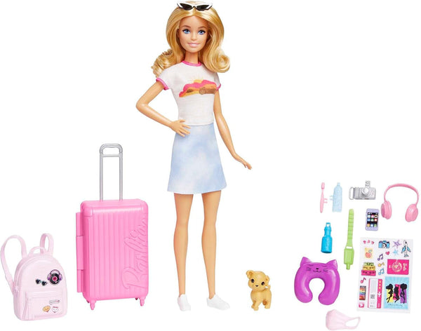 Păpușă Barbie, Travel Barbie cu păr blond, 10+ accesorii de călătorie, autocolante, valiză, cățeluș, incl. 1 păpușă, cadou pentru copii, jucărie de la 3 ani,Hjy18