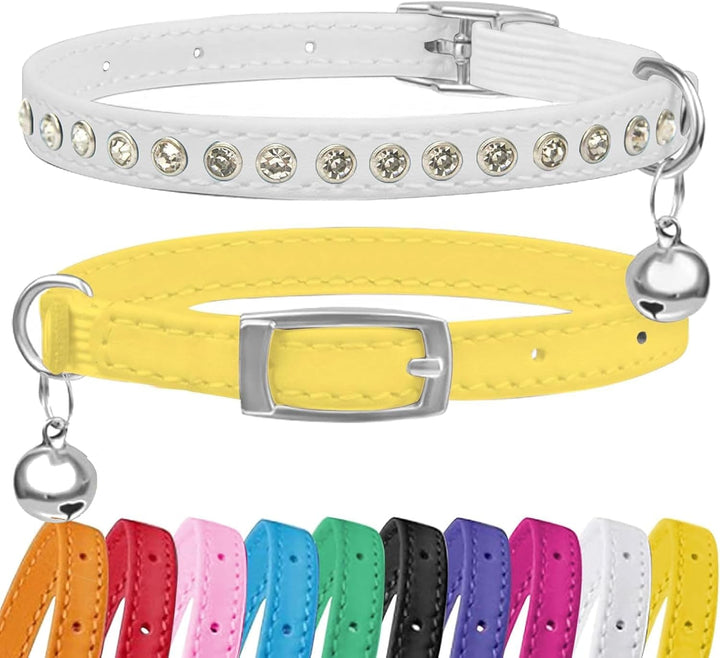 Zgardă pentru pisici Petinstinct, cu 2 piese, în formă de diamant, cu închidere elastică de siguranță și clopoțel, zgardă din piele PU pentru pisici, accesorii pentru pisici, dimensiune reglabilă de la 19 la 29 cm, violet și fuchsia