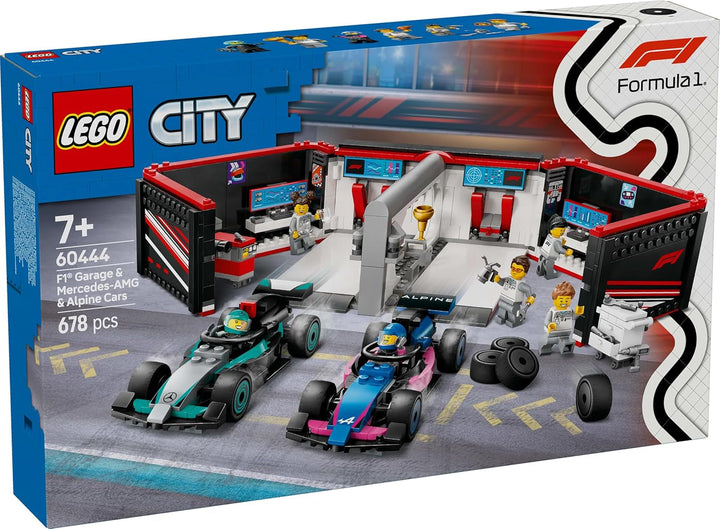 Garaj LEGO City F1 cu mașini de curse Mercedes-Amg și Alpine - Mașină de curse Formula 1 cu 2 piloți și 4 minifigurine mecanice - Cadou pentru băieți și fete 7+ și fani 60444