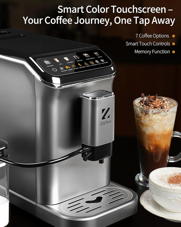 ZACHVO Mașină de cafea complet automată Cu recipient pentru lapte, 20 bar, râșniță cu 15 trepte, ecran tactil, control al temperaturii pid, curățare automată, 5 băuturi la apăsarea unui buton - latte, cappuccino și multe altele, compact