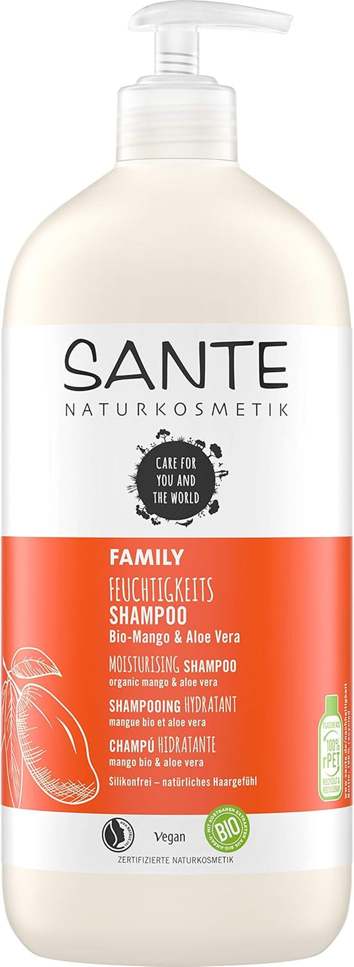 SANTE Naturkosmetik Intense Hydration Shampoo Aloe Vera + Mango-Extrakt, Veganes Pflegeshampoo Mit Pumpspender, Stärkt Und Hydratisiert Trockenes Haar, 950 Ml