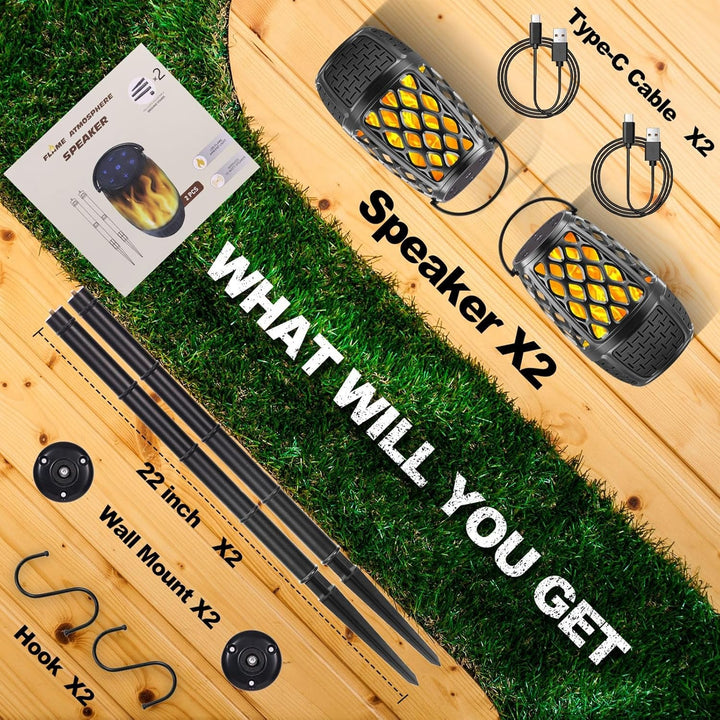 Outdoor Bluetooth Speaker with Light, Decor, Tech Gadget Cool Stuff, Sync up to 100 Wireless Portable Speaker with Wall Mount/Stake/Hook, Waterproof for Patio/Yard/Party/Camping, 2 Pack