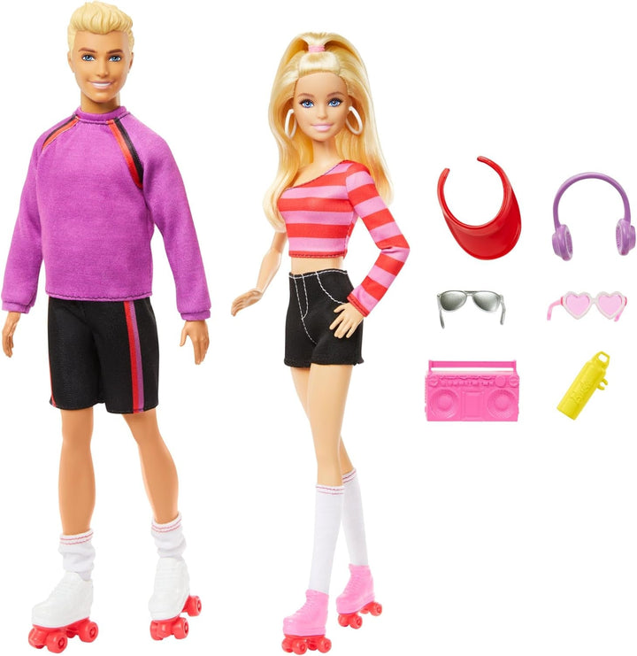 Set Barbie Fashionistas cu 2 păpuși de modă și 6 accesorii, păpuși de modă Barbie și Ken pe role, 65th Anniversary Collectible Figures, HXK90