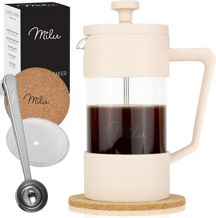 Milu French Press Coffee Maker | 350Ml, 600Ml, 1L | Presă de cafea din sticlă, filtru de cafea pentru acasă Călătorii Camping Incl. Coaster, lingură, filtru de rezervă (negru, 600Ml (3 cani)
