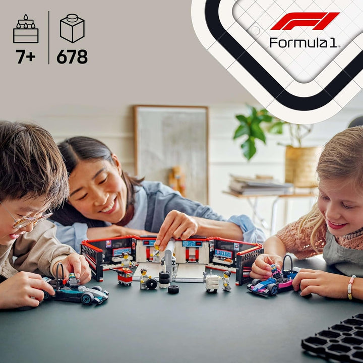 Garaj LEGO City F1 cu mașini de curse Mercedes-Amg și Alpine - Mașină de curse Formula 1 cu 2 piloți și 4 minifigurine mecanice - Cadou pentru băieți și fete 7+ și fani 60444