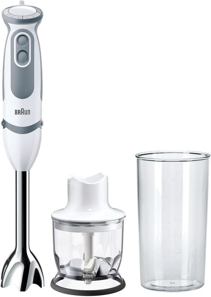 Braun Stabmixer MQ 5200WH - Multiquick 5 Vario Pürierstab Mit Edelstahl Mixfuß, 1000 Watt, Inkl. 600 Ml Mix- & Messbecher, Weiß/Grau