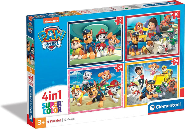 Clementoni - 21513 - Supercolor Puzzle 4 in 1 - Paw Patrol - Puzzle 12,16,20,24 piese de la 3 ani, Puzzle colorat pentru copii cu luminozitate specială și intensitate a culorilor, Joc de îndemânare pentru copii