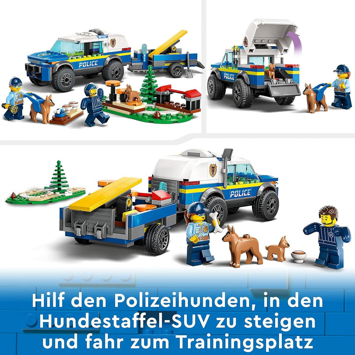LEGO 60369 City Mobile Police Dog Training, mașină de poliție jucărie cu remorcă, figuri câine și cățel, set de animale pentru copii 5+ ani