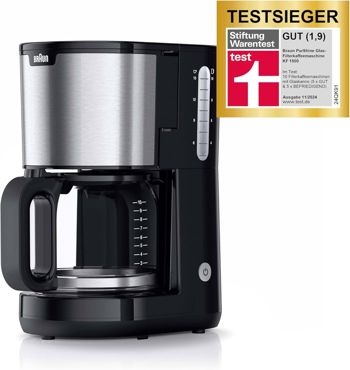 Cafetiera Braun Purshine KF 1500 WH - Cafetieră cu filtru și ulcior din sticlă pentru până la 10 cești, sistem Optibrew, oprire automată, 1000 Watt, alb, KF1500WH