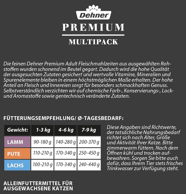 Dehner Premium cat food multipack, hrană umedă, pentru pisici adulte, 4 X miel / curcan / somon fiecare, 12 X pungi de 100 g (1,2 kg)