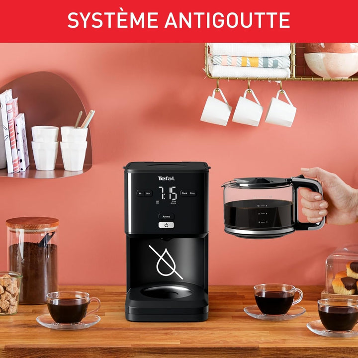 TEFAL SMART'N LIGHT Cafetieră electrică neagră, 1,25 L, programabilă, 24 ore, funcție aromă după 30 minute, fără picurare, CM600810