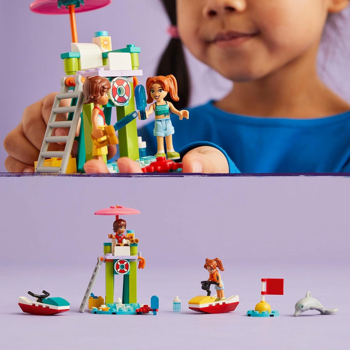 Turn de observare a salvamarilor LEGO Friends cu jet ski-uri, jucărie pentru copii, idee de cadou pentru fete și băieți de la 5 ani cu 2 figurine și delfin, jucărie jet ski 42623