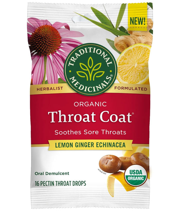 Lozenges, Organic Throat Coat Lemon Ginger Echinacea, Sore Throat Support, 16 Individually Wrapped Lozenges Tea USA Naty Shop Throat Coat Lemon Ginger Echinacea 16 Count (Pack Of 1)