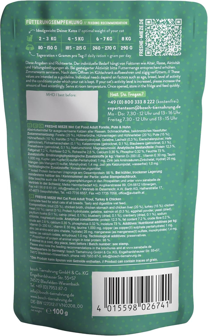 Sanabelle Freshe Mieze - Păstrăv, curcan și pui | Pungi de 100 g complet reciclabile | Hrană umedă gătită cu aburi pentru pisici | Hrană pentru pisici ca proaspăt gătită | O marcă Bosch Pet Food