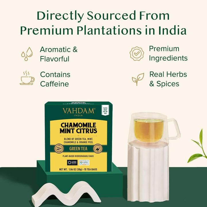 , Chamomile Mint Citrus Green Tea Bags (15 Pyramid Tea Bags) LOW CAFFEINE GREEN TEA, Non GMO | Directly Sourced | Chamomile Tea | Mint Tea Bags Tea USA Naty Shop
